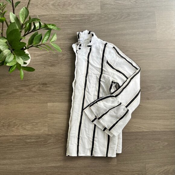 Calvin Klein White Smock-Neck Collarless Striped Blouse with Bell Sleeves - Picture 12 of 12